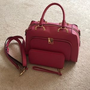 Pink vegan purse from TJ Maxx, wallet, and strap.